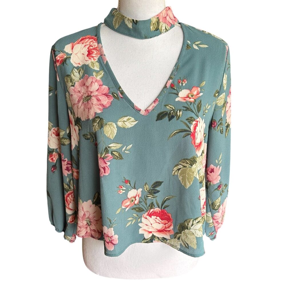 Timing Floral Choker Blouse Teal Pink Roses V Neck Long Sleeve Size L